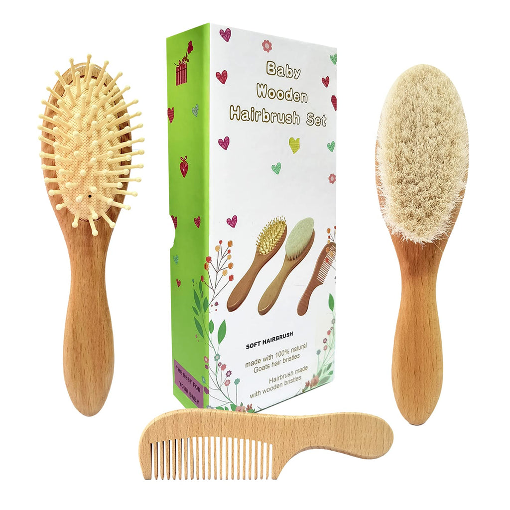 Molylove 3 Piece Baby Hair Brush and Comb Set for Newborn & Toddlers- Natural Wooden Hairbrush with Soft Goat Bristles for Cradle Cap - Perfect Scalp Grooming Product for Infant Toddler Kids Baby